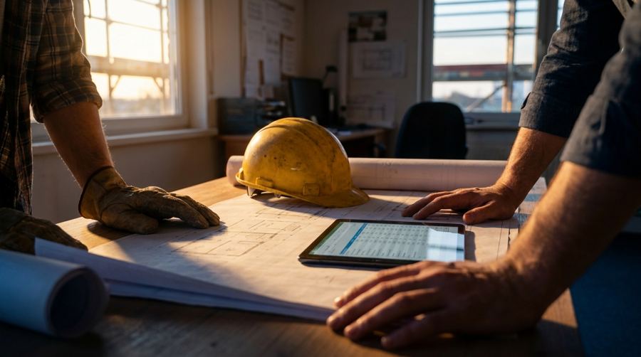 Reviewing blueprints and wage schedules in a site office