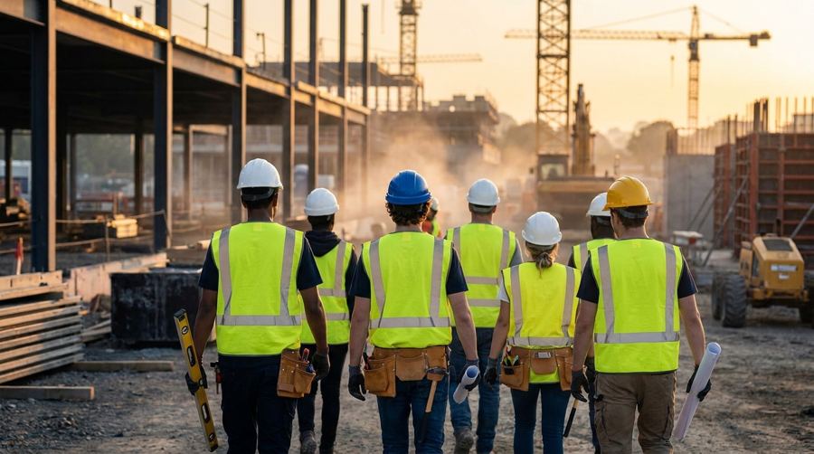 Crew of apprentices walking onto a job site